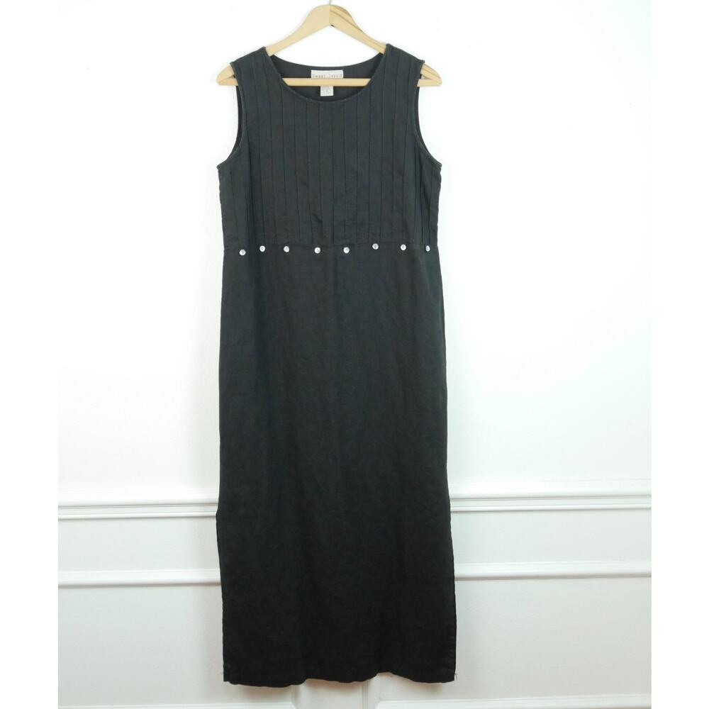 Vintage‎ 90s Black Linen Maxi Dress Small Quirky Button Whimsigoth Minimal Boho